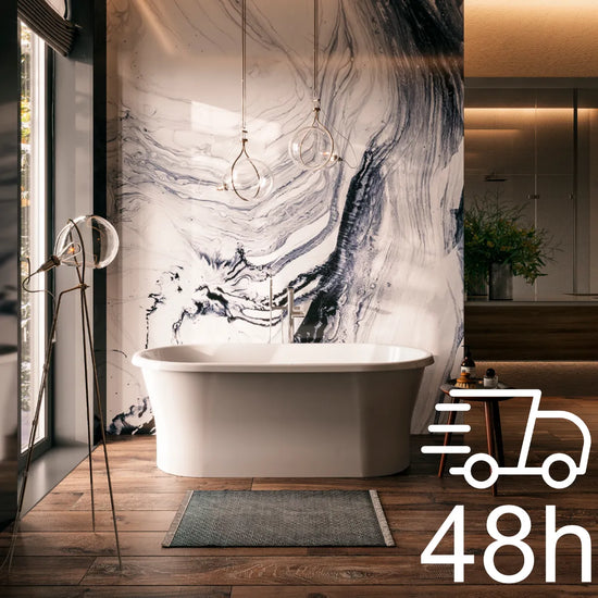 Biała wanna wolnostojąca AMONA NEW 150 x 75 cm z chromowanym odpływem